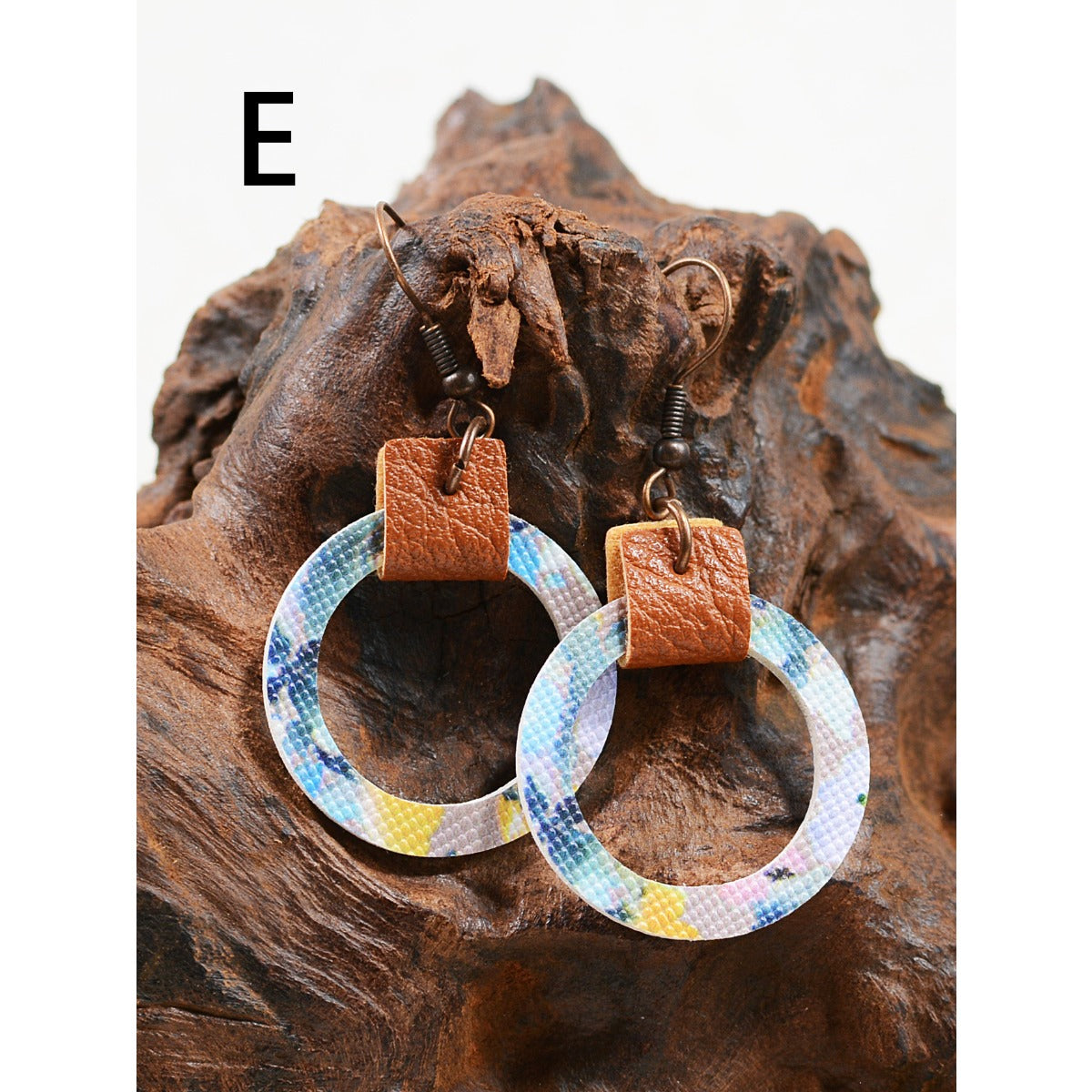 Wholesale Flower Leopard Print Abstract Painting Graffiti Hollow Circular Leather Earrings